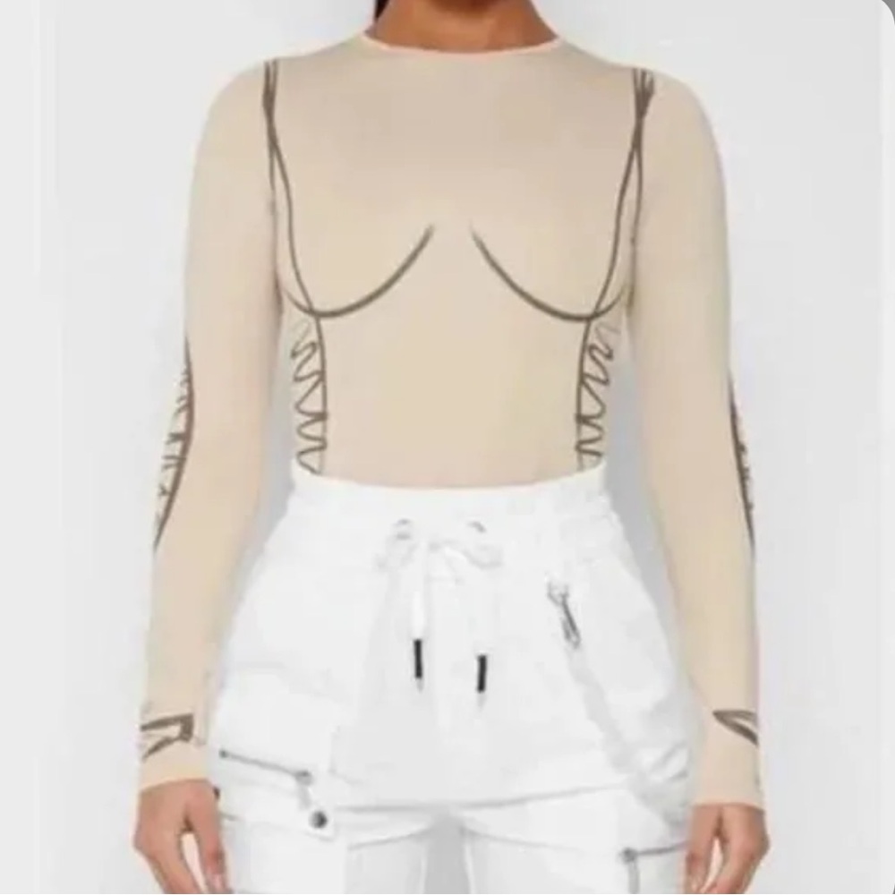 Maniere De Voir Nude Sheer Long Sleeve Bodysuit with Black Graphic Lines